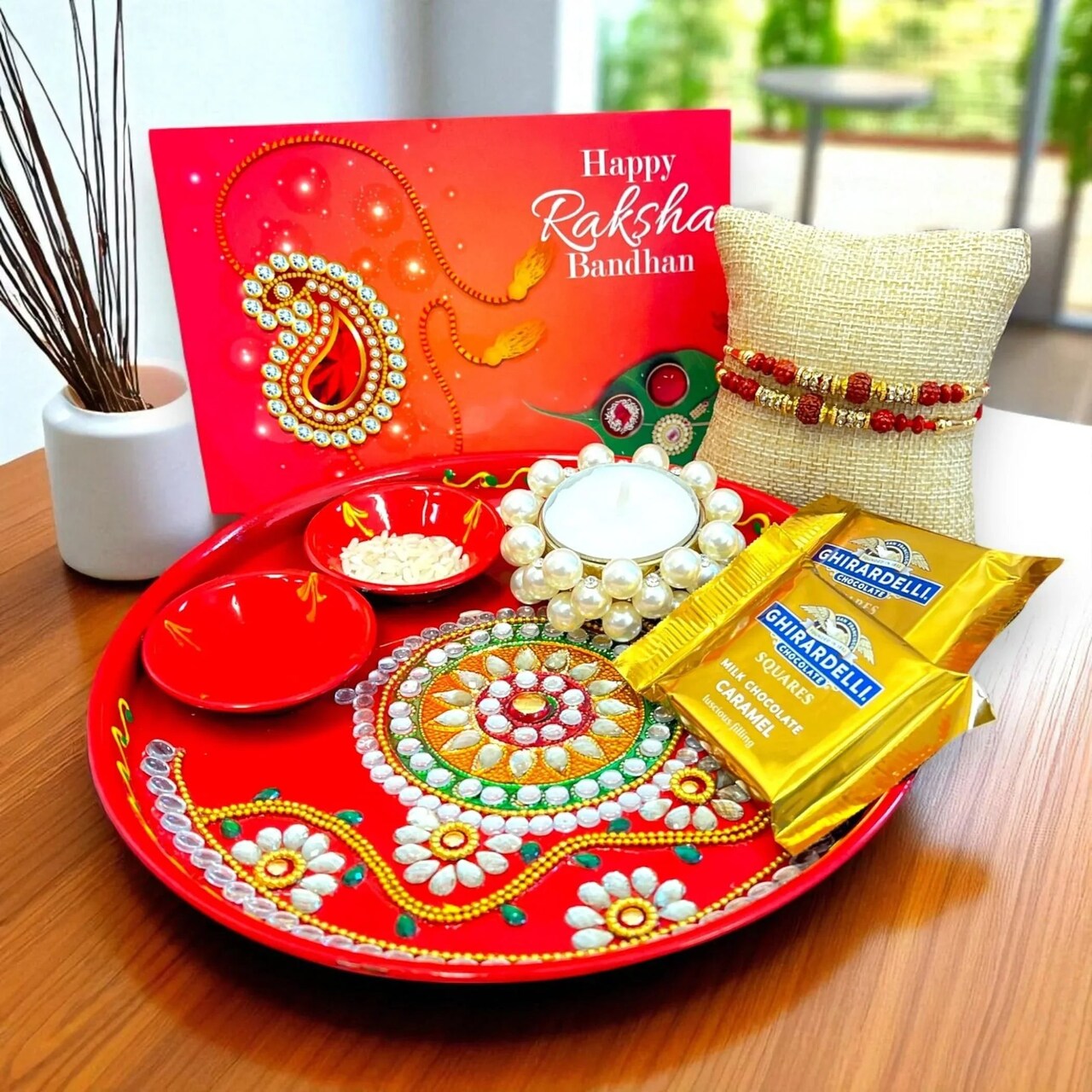 Rakhi Gift Hamper Rakhi for Brother Gift Set - Rakhi Set of 1 with Puja Thali Roli Chawal Candle Holder Sweets Greeting Card - Raksha Bandhan Bracelet Rakhi for Bhai